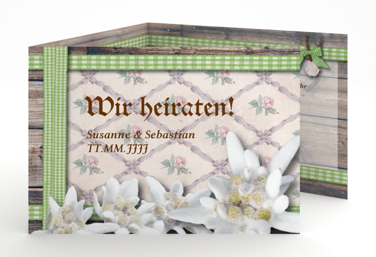 Einladungskarte Hochzeit Bayern A6 Doppel-Klappkarte gruen mit Edelweiß in rustikaler Holz-Optik