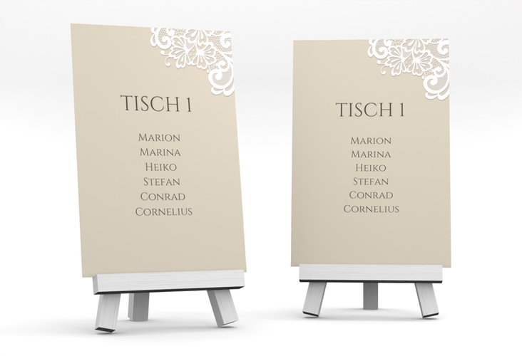 Tischaufsteller Hochzeit Vintage Tischaufsteller beige mit floraler Spitze