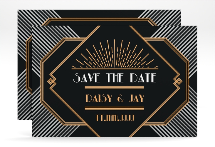 Save the Date-Karte Hochzeit Gatsby A6 Karte quer schwarz im 20er-Jahre-Stil