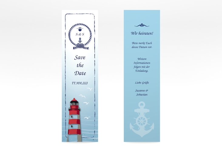 Save the Date-Lesezeichen Sylt Lesezeichen blau mit Leuchtturm