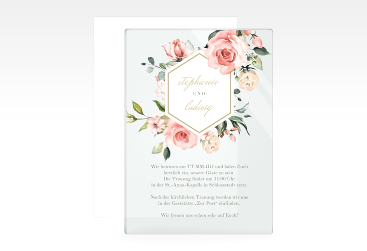 Acryl-Hochzeitseinladung Graceful Acrylkarte + Deckblatt hoch weiss mit Rosenblüten in Rosa und Weiß