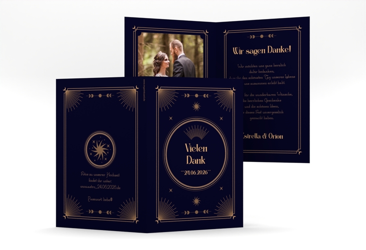 Dankeskarte Hochzeit Astro A6 Klappkarte hoch blau mit Sonne, Mondphasen und Sternen