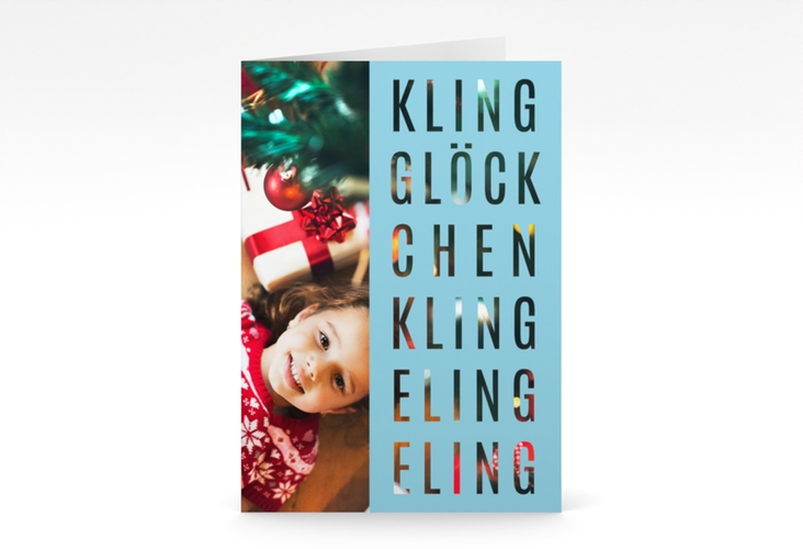 Weihnachtskarte Klingeling A6 Klappkarte hoch tuerkis hochglanz