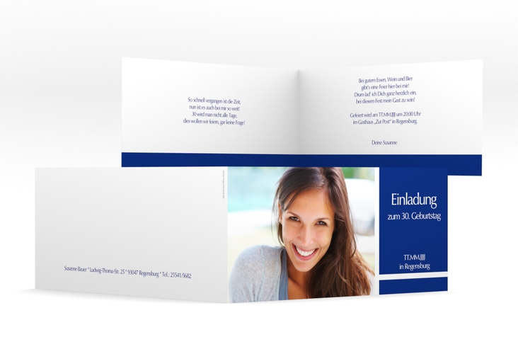 Einladung 30. Geburtstag Gerd/Gerda lange Klappkarte quer blau mit Foto