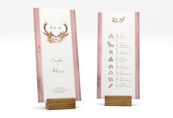 Tagesablauf Hochzeit Heimatjuwel lange Karte hoch rosa mit Hirschgeweih und Holz-Hintergrund