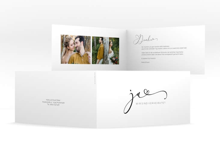Danksagungskarte Hochzeit Jawort lange Klappkarte quer weiss modern minimalistisch mit veredelter Aufschrift