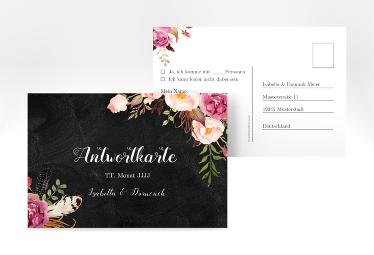 Antwortkarte Hochzeit Flowers A6 Postkarte schwarz hochglanz mit bunten Aquarell-Blumen