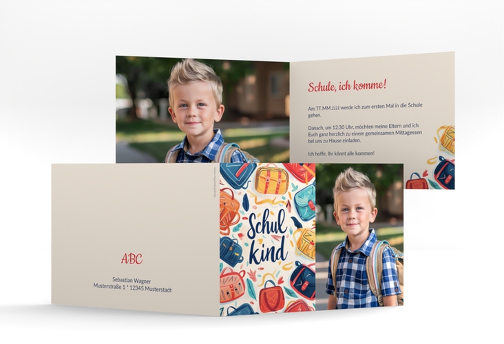 Einschulungskarte Schulmappen A6 Klappkarte quer bunt