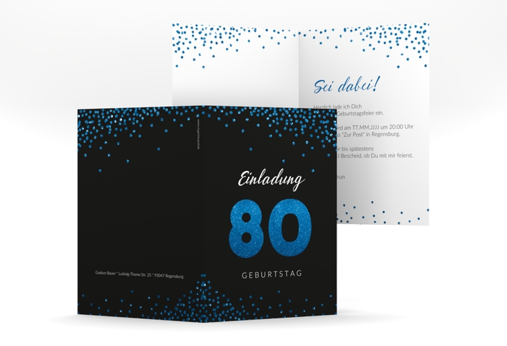 Einladung 80. Geburtstag Glitzer A6 Klappkarte hoch blau hochglanz