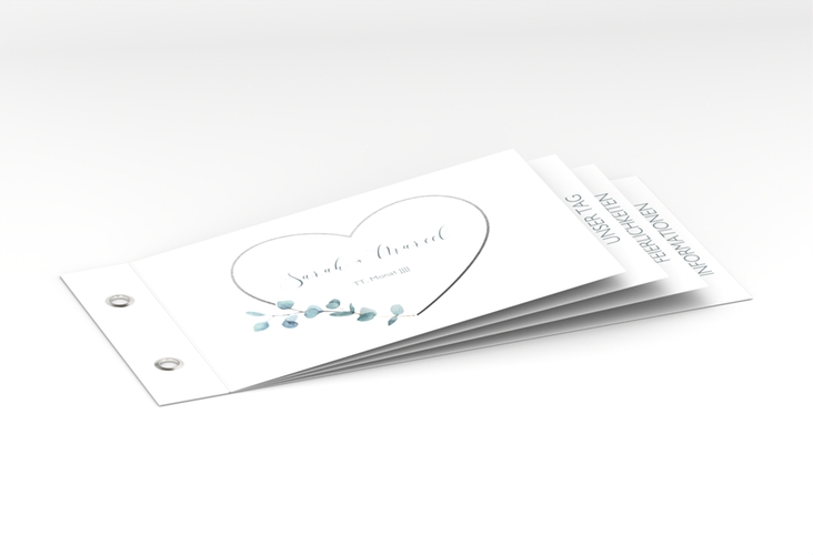 Hochzeitseinladung Greenheart Booklet grau hochglanz mit elegantem Herz und Eukalyptus-Zweig
