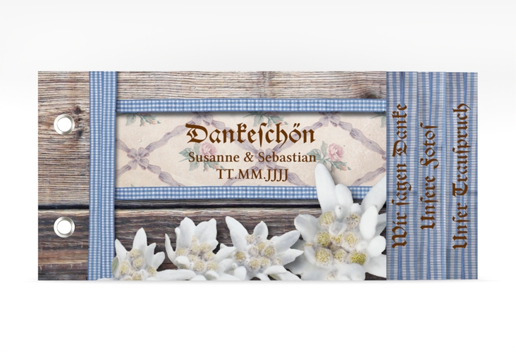 Danksagungskarte Hochzeit Bayern Booklet blau mit Edelweiß in rustikaler Holz-Optik