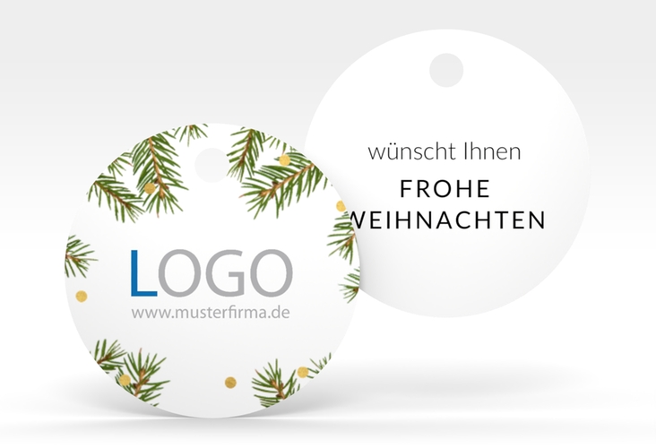 Geschenkanhänger Weihnachten Tannenzweig Geschenkanhänger, rund hochglanz zum Personalisieren mit Logo