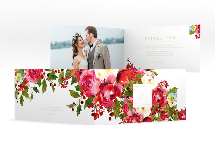 Danksagungskarte Hochzeit  Blumenpracht lange Klappkarte quer weiss