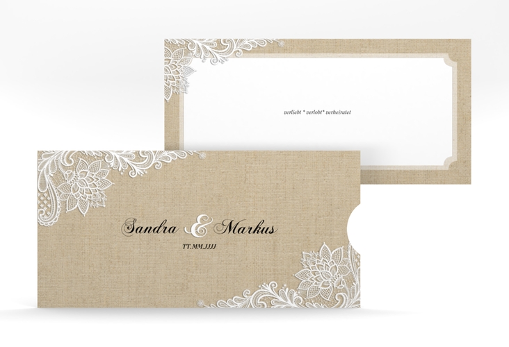 Hochzeitseinladung Lace Einsteckkarte beige hochglanz in Leinen-Optik mit weißer Spitze