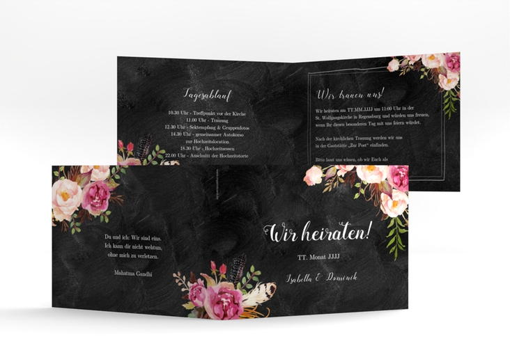 Hochzeitseinladung Flowers A6 Klappkarte quer schwarz hochglanz mit bunten Aquarell-Blumen