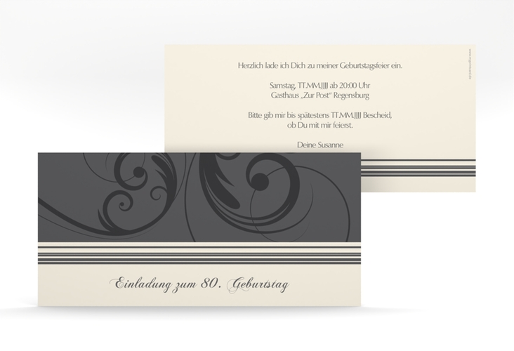 Einladung 80. Geburtstag Katharina lange Karte quer grau hochglanz