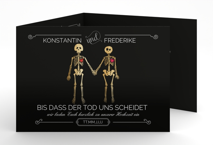 Hochzeitseinladung Bones A6 Doppel-Klappkarte schwarz hochglanz
