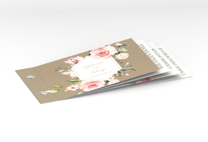 Danksagungskarte Hochzeit Graceful Booklet Kraftpapier mit Rosenblüten in Rosa und Weiß