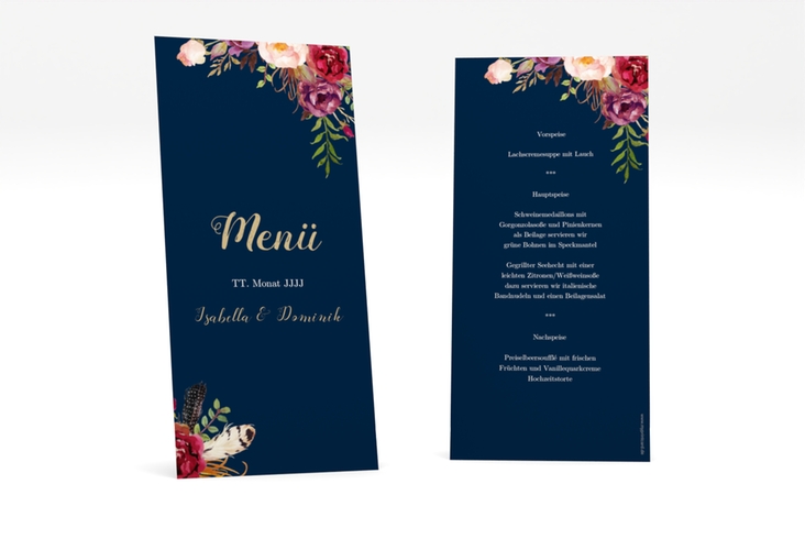 Menükarte Hochzeit Flowers lange Karte hoch blau hochglanz mit bunten Aquarell-Blumen
