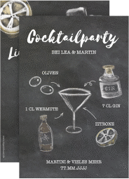 Party Einladung Martini A6 Karte hoch schwarz mit Cocktail-Rezept