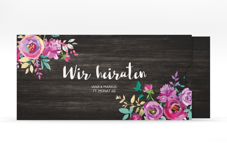 Hochzeitseinladung Flourish Einsteckkarte schwarz mit floraler Bauernmalerei auf Holz