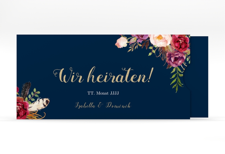 Hochzeitseinladung Flowers Einsteckkarte blau hochglanz mit bunten Aquarell-Blumen