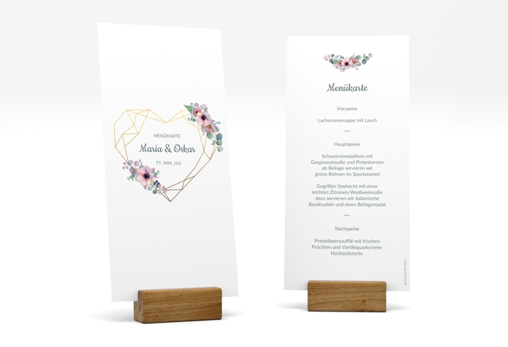 Menükarte Hochzeit Herzgold lange Karte hoch weiss