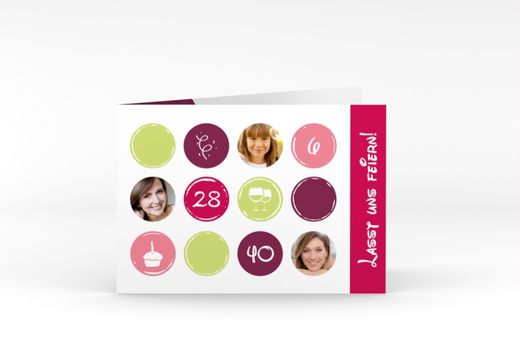 Einladung 40. Geburtstag Circles A6 Klappkarte quer pink