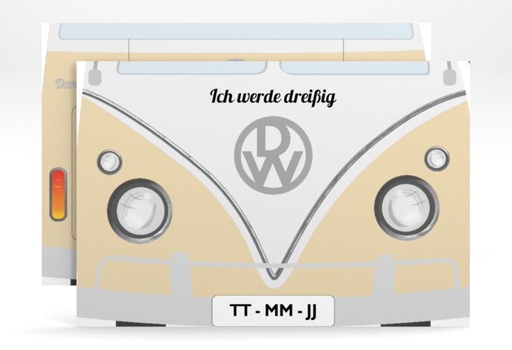 Einladung 30. Geburtstag Bulli Bus A6 Karte quer beige