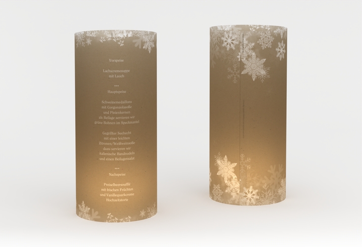Windlicht Menü Hochzeit "Snowfall" Windlicht mit Schneeflocken für Winterhochzeit