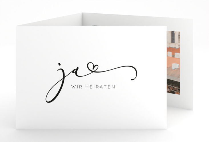Hochzeitseinladung Jawort A6 Doppel-Klappkarte weiss hochglanz modern minimalistisch mit veredelter Aufschrift