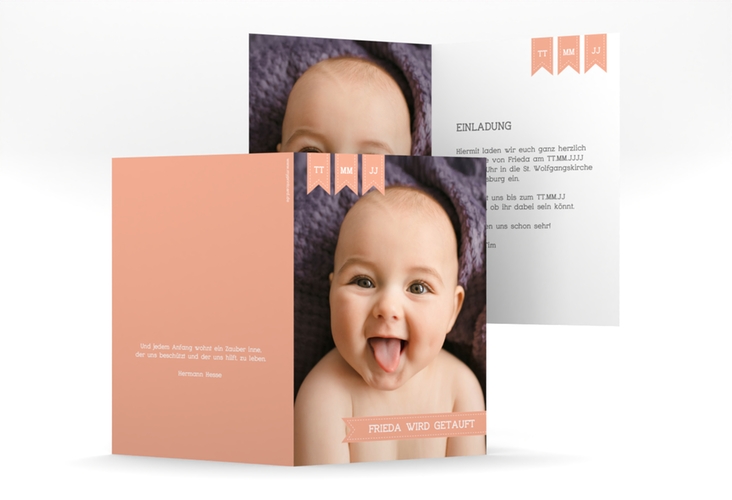 Einladungskarte Taufe Trust A6 Klappkarte hoch apricot mit Baby-Foto