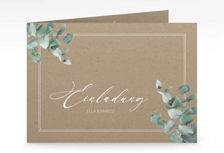 Hochzeitseinladung Eucalypt mittlere Klappkarte quer Kraftpapier mit Eukalyptus und edlem Rahmen