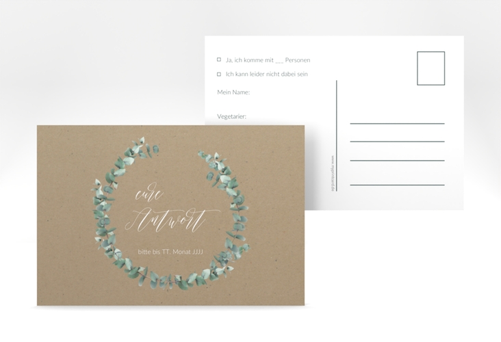 Antwortkarte Hochzeit Silverleaf A6 Postkarte Kraftpapier hochglanz mit Eukalyptus-Zweig