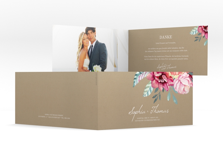 Dankeskarte HochzeitBlooming lange Klappkarte quer Kraftpapier