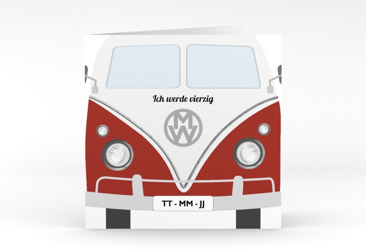 Einladung 40. Geburtstag Bulli Bus quadr. Klappkarte rot