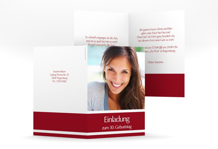 Einladung 30. Geburtstag Gerd/Gerda A6 Klappkarte hoch rot mit Foto