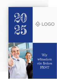 Klick: Details zu Business-Weihnachtskarte "Partner" anzeigen Business-Weihnachtskarte Partner A6 Karte hoch blau modern mit Firmenlogo