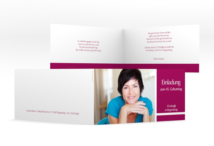 Einladung Geburtstag Gerd/Gerda lange Klappkarte quer pink hochglanz mit Foto