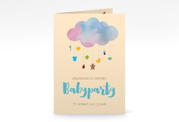 Partyeinladung Babyparty A6 Klappkarte hoch blau hochglanz