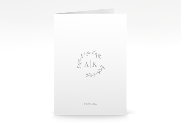Danksagungskarte Hochzeit Filigrana A6 Klappkarte hoch grau in reduziertem Design mit Initialen und zartem Blätterkranz
