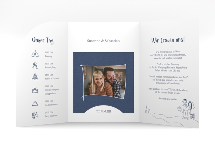 Hochzeitseinladung Pisa mittlere Bogen-Wickelfalzkarte blau