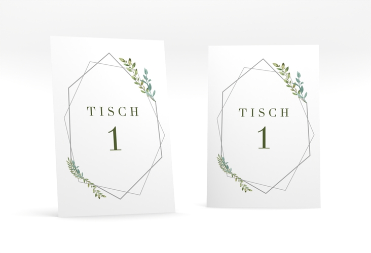 Tischnummer Hochzeit Herbarium Tischaufsteller grau mit geometrischem Rahmen und Blätter-Dekor