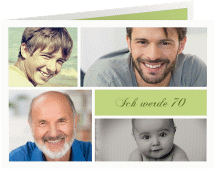 Einladung 70. Geburtstag Bilderserie A6 Klappkarte quer gruen mit mehreren Fotos