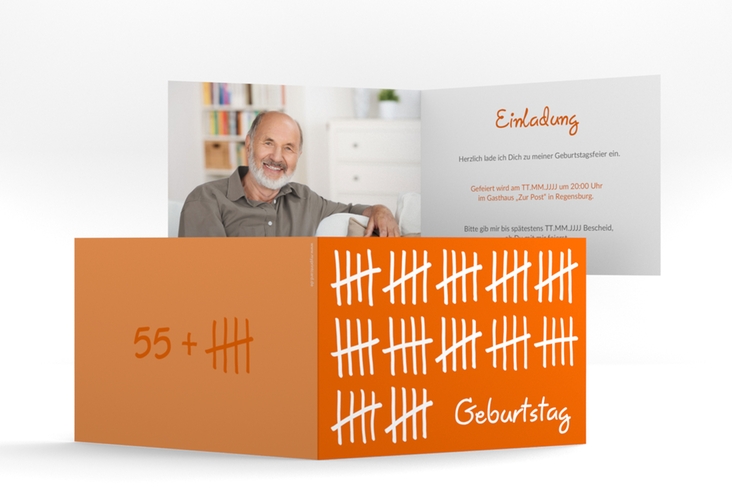 Einladung 60. Geburtstag Strichliste A6 Klappkarte quer orange
