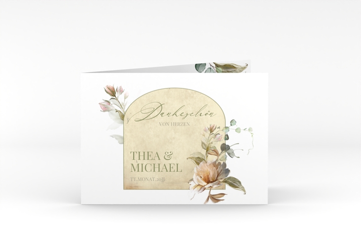 Danksagungskarte Hochzeit Dornröschen A6 Klappkarte quer weiss mit Aquarell-Rosen im Vintage-Look
