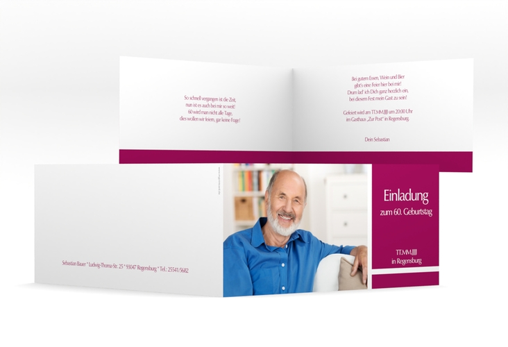 Einladung 60. Geburtstag Gerd/Gerda lange Klappkarte quer pink mit Foto