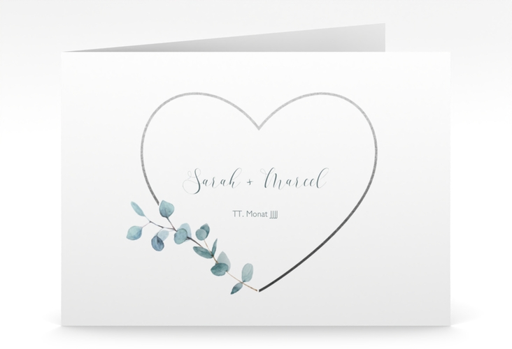 Hochzeitseinladung Greenheart mittlere Klappkarte quer grau hochglanz mit elegantem Herz und Eukalyptus-Zweig
