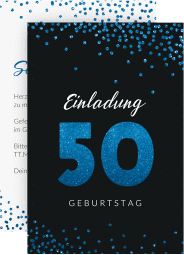 Einladung 50. Geburtstag Glitzer A6 Karte hoch blau