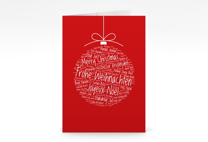 Business-Weihnachtskarte Wunderkugel A6 Klappkarte hoch rot schlicht mit Christbaumkugel